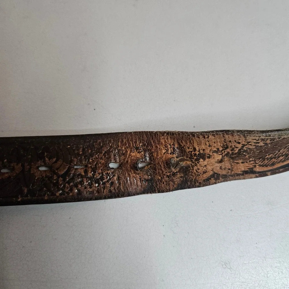 Vintage Jack Brass Buckle Tooled Leather Eagle Belt Brown Western 40 Inch KM627